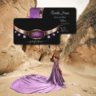 Luxury Rose Gold Purple Black Initials Rhinestones