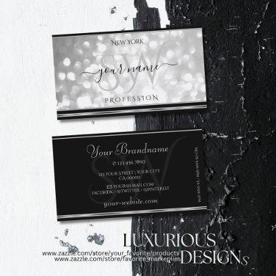 Luxury Silver Glitter Initials Black Silver Border