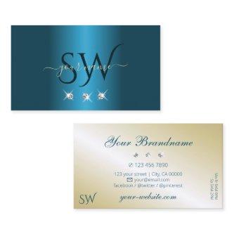Luxury Teal Gold Beige Sparkling Diamonds Monogram
