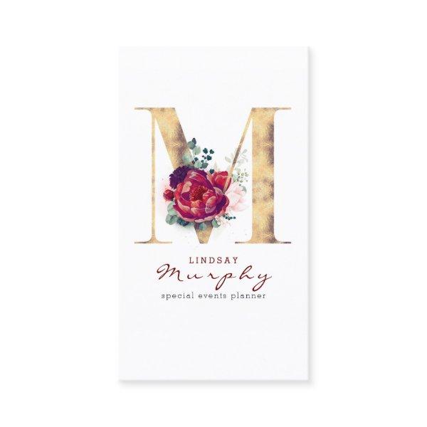 M Monogram Burgundy Red Flowers and Gold Glitter