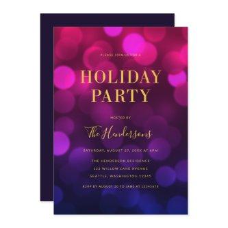 Magenta Blue Bokeh Lights Faux Gold Holiday Party Invitation
