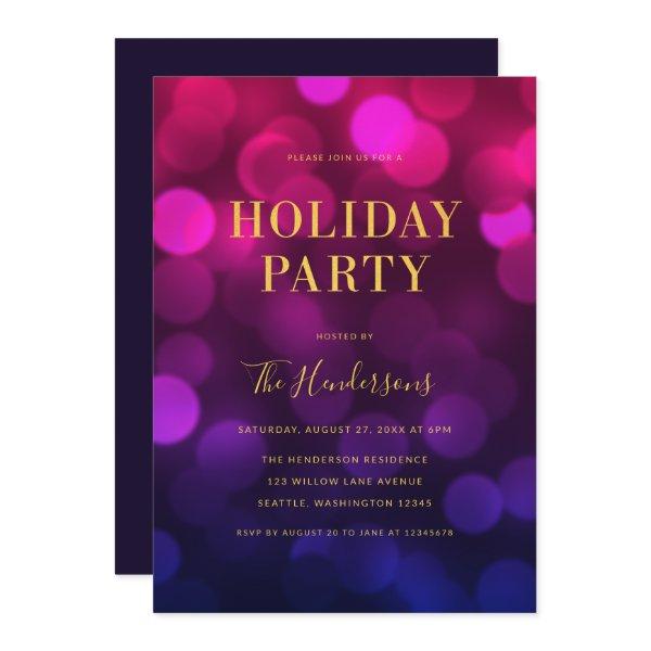 Magenta Blue Bokeh Lights Faux Gold Holiday Party Invitation