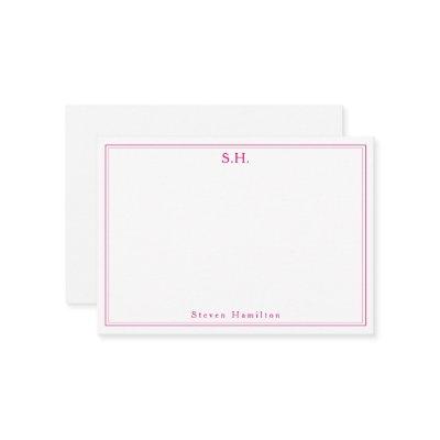 Magenta Pink 2 Monogram Name Minimal Border Note Card