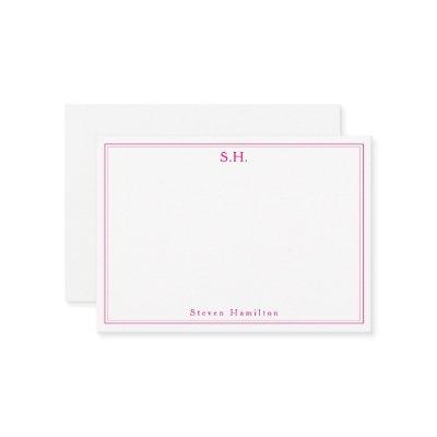 Magenta Pink 2 Monogram Name Minimal Border Note Card