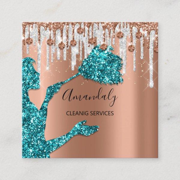 Maid House Cleaning Services Logo Gray Drip Teal Square