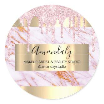 Makeup Artist Glitter Drip Gold Frame Pink Marble Classic Round Sticker