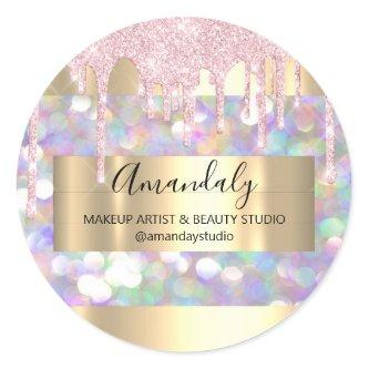 Makeup Artist Glitter Gold Framed Pink Classic Round Sticker