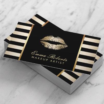 Makeup Artist Gold Lips Modern Black Gold Stripes