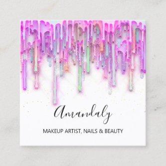 Makeup Artist Nail Logo Pink Drips Holograph White Square