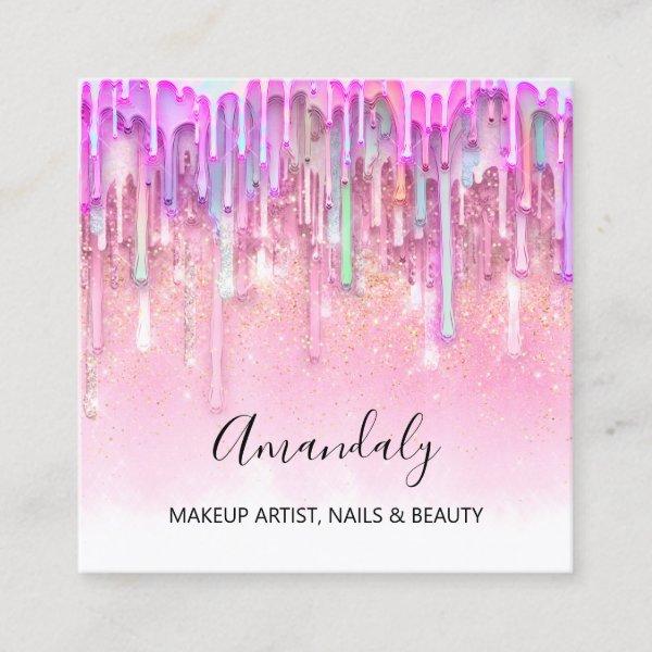 Makeup Artist Nail Logo Pink Drips Holographic  Square