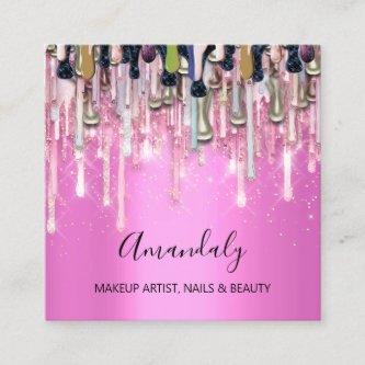 Makeup Artist Nails Logo Pink Glitter Gold Drips Square