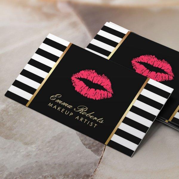 Makeup Artist Red Lips Modern Black White Stripes