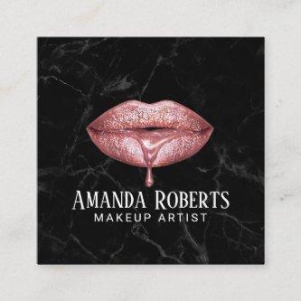 Makeup Artist Rose Gold Dripping Lips Black Marble Square