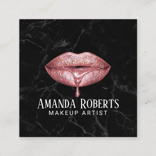 Makeup Artist Rose Gold Dripping Lips Black Marble Square