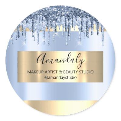 Makeup Artist Shop Framed Gold Blue Drips Glitter Classic Round Sticker