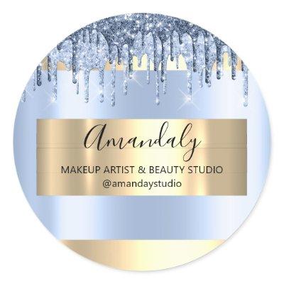 Makeup Artist Shop Framed Gold Blue Drips Glitter Classic Round Sticker