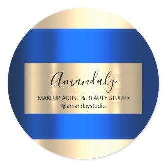 Makeup Artist Shop Framed Gold Royal Blue  Classic Round Sticker