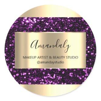 Makeup Beauty Shop Frame Gold Favor Purple Glitter Classic Round Sticker