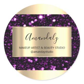 Makeup Beauty Shop Frame Gold Favor Purple Violet Classic Round Sticker