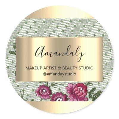 Makeup Beauty Shop Frame Gold Favor Roses Lace Classic Round Sticker