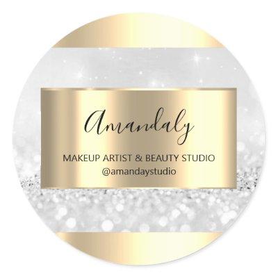 Makeup Beauty Shop Frame Gold Favor Silver Glitter Classic Round Sticker