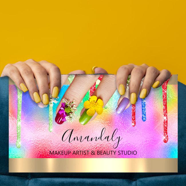Makeup Blue Red Glitter Drip Holograph Nail Floral
