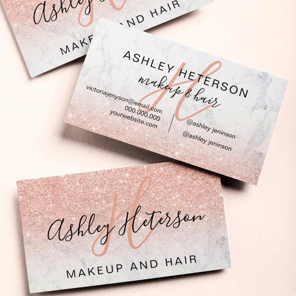 Makeup monogrammed marble rose gold glitter script