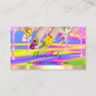 Makeup Pink Lux Glitter Drip Holograph Nail Floral