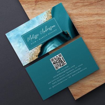 Marble Agate Teal Gold Glitter QR Code