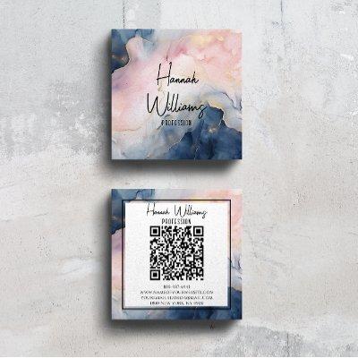 Marble Pink Navy Blue Agate QR Code Liquid Square Square