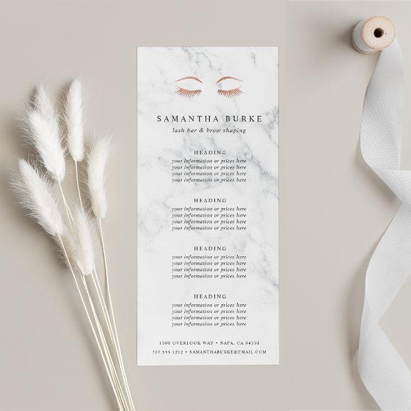 Marble Rose Gold Lashes & Brows Pricing & Services Rack Card