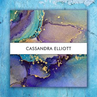 Marbled Multicolored & Gold Abstract Liquid Art Square