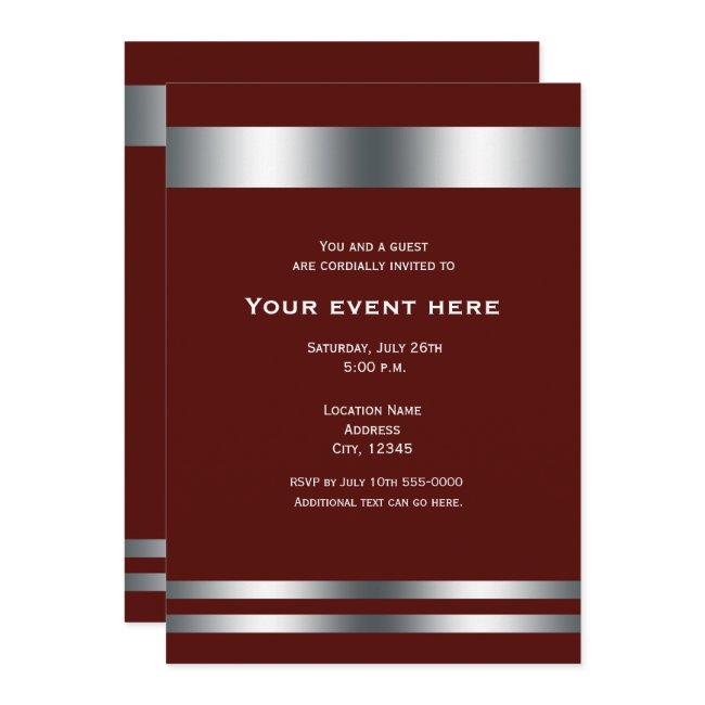 Maroon Deep Red Silver Elegant Dinner Party Event Invitation