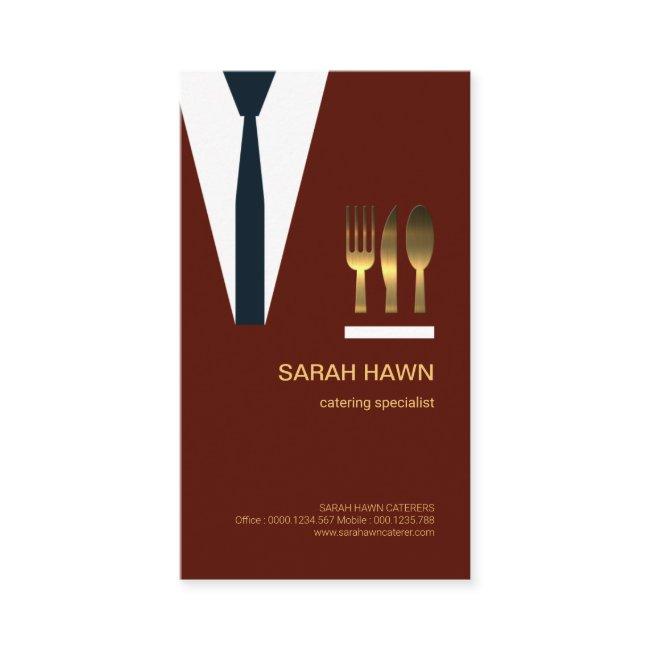 Maroon Waiter Suit Golden Fork Knife Spoon