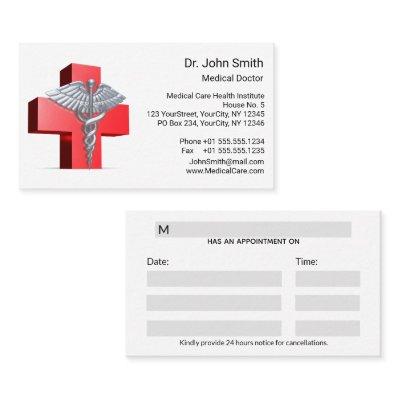 Medical 3D Silver Caduceus Cross Red Appointment Card