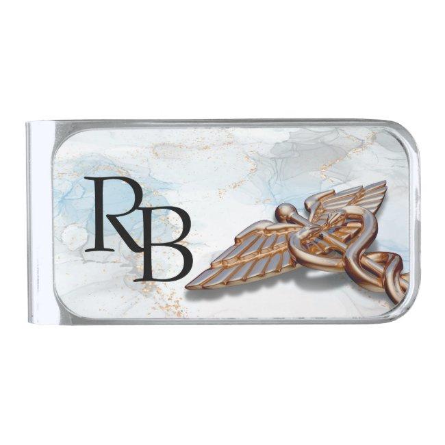 Medical Caduceus Copper Rose Gold Marble Monogram Silver Finish Money Clip