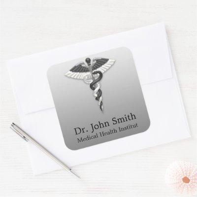 Medical Classy Noble Elegant Black White Caduceus Square Sticker