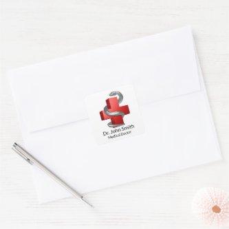 Medical Cross Red Symbol Silver Serpent Snake Square Sticker