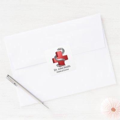 Medical Cross Red Symbol Silver Serpent Snake Square Sticker