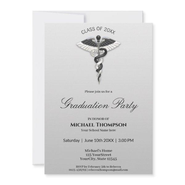 Medical Elegant Black White Caduceus Graduation Invitation
