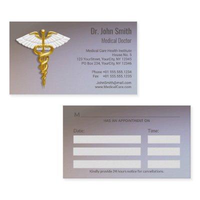 Medical Elegant Gold Caduceus White Wings Appointment Card