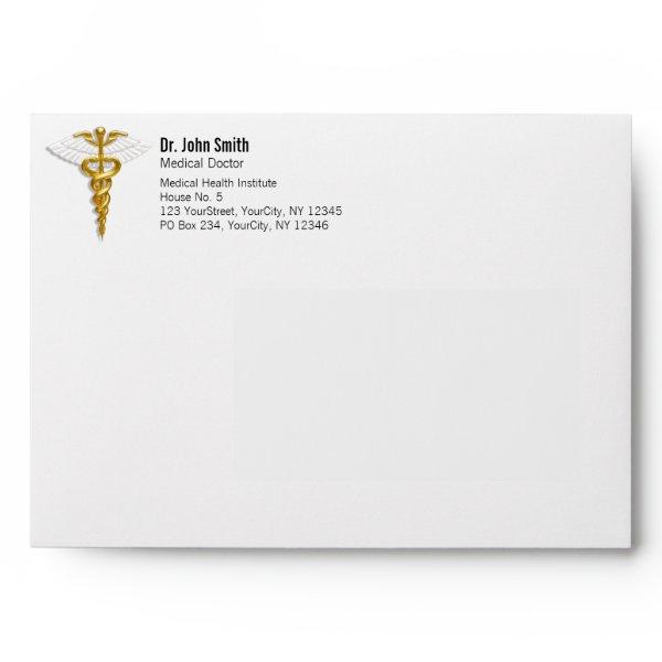 Medical Elegant Gold Caduceus White Wings Envelope