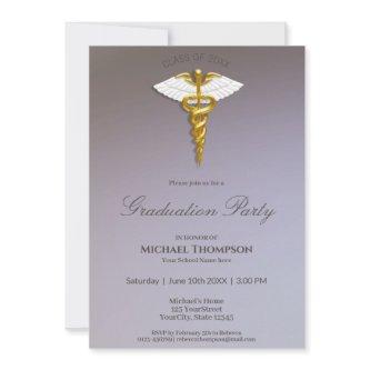 Medical Gold Caduceus White Wings Graduation Invitation