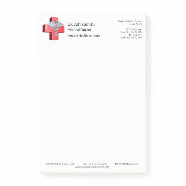 Medical Silver Caduceus 3D Cross Red Post-it Notes