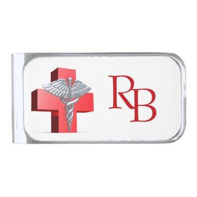 Medical Silver Caduceus 3D Cross Red Silver Finish Money Clip