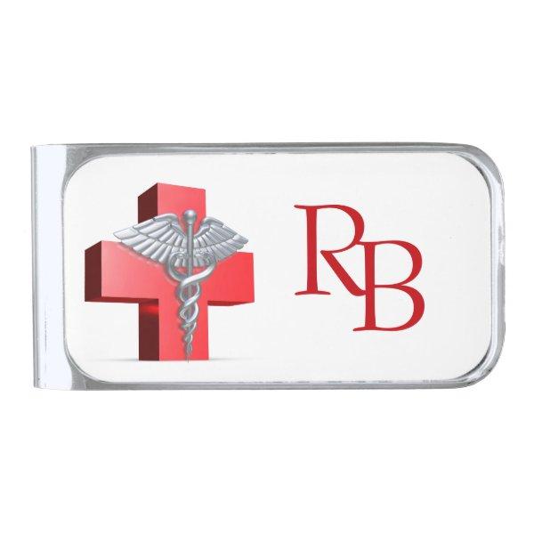 Medical Silver Caduceus 3D Cross Red Silver Finish Money Clip