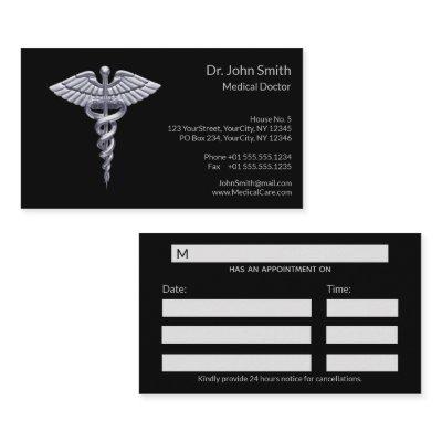 Medical Silver Classy Caduceus on Black Appointment Card