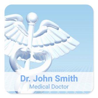 Medical White 3D Caduceus Blue Design Square Sticker