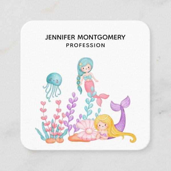 Mermaids & Jellyfish Under the Sea Watercolor Squa Square