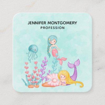 Mermaids & Jellyfish Under the Sea Watercolor Square